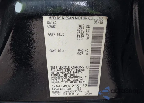 2018 Nissan Altima 2.5 Sr из США, поврежденный, VIN 1N4AL3AP8JC255137